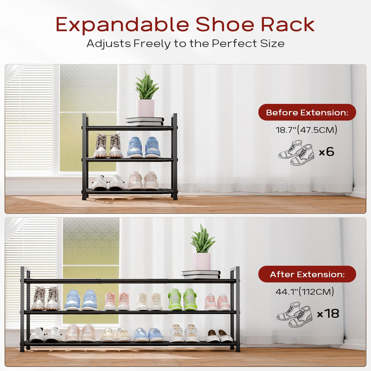 Bumusty 3 Tier Long Expandable Shoe Rack, Black - image 2