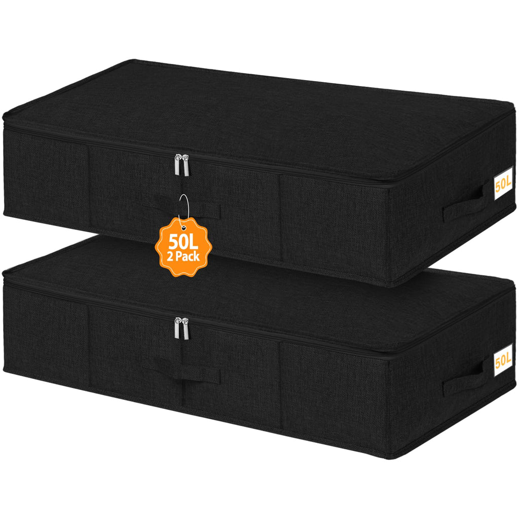 50L 17cm Tall Under Bed Storage Boxes with Zipped Lids, 2 Pack, Black - image 1
