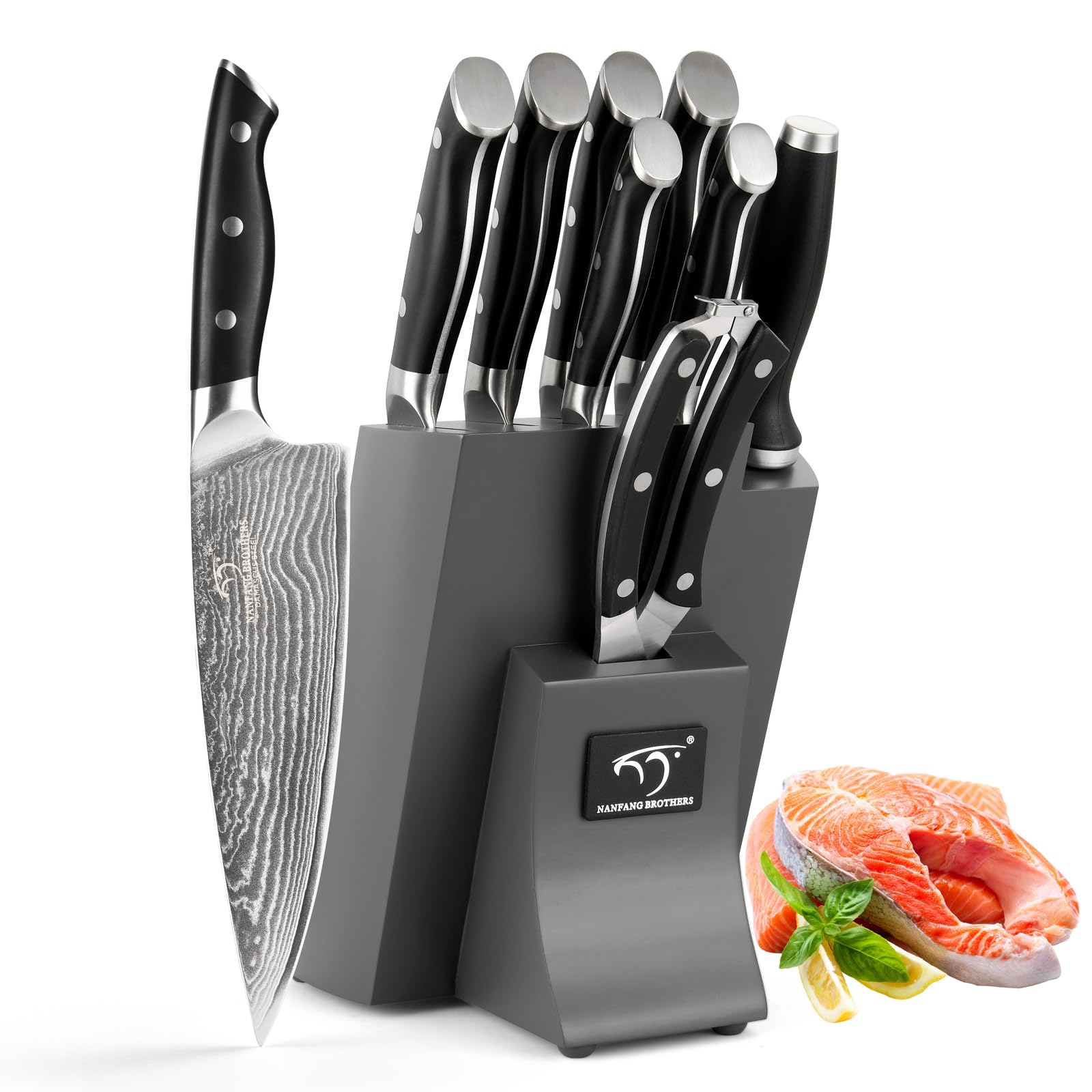 Nanfang Brothers 9-Piece Damascus Kitchen Knife Set with Beech Wood Block