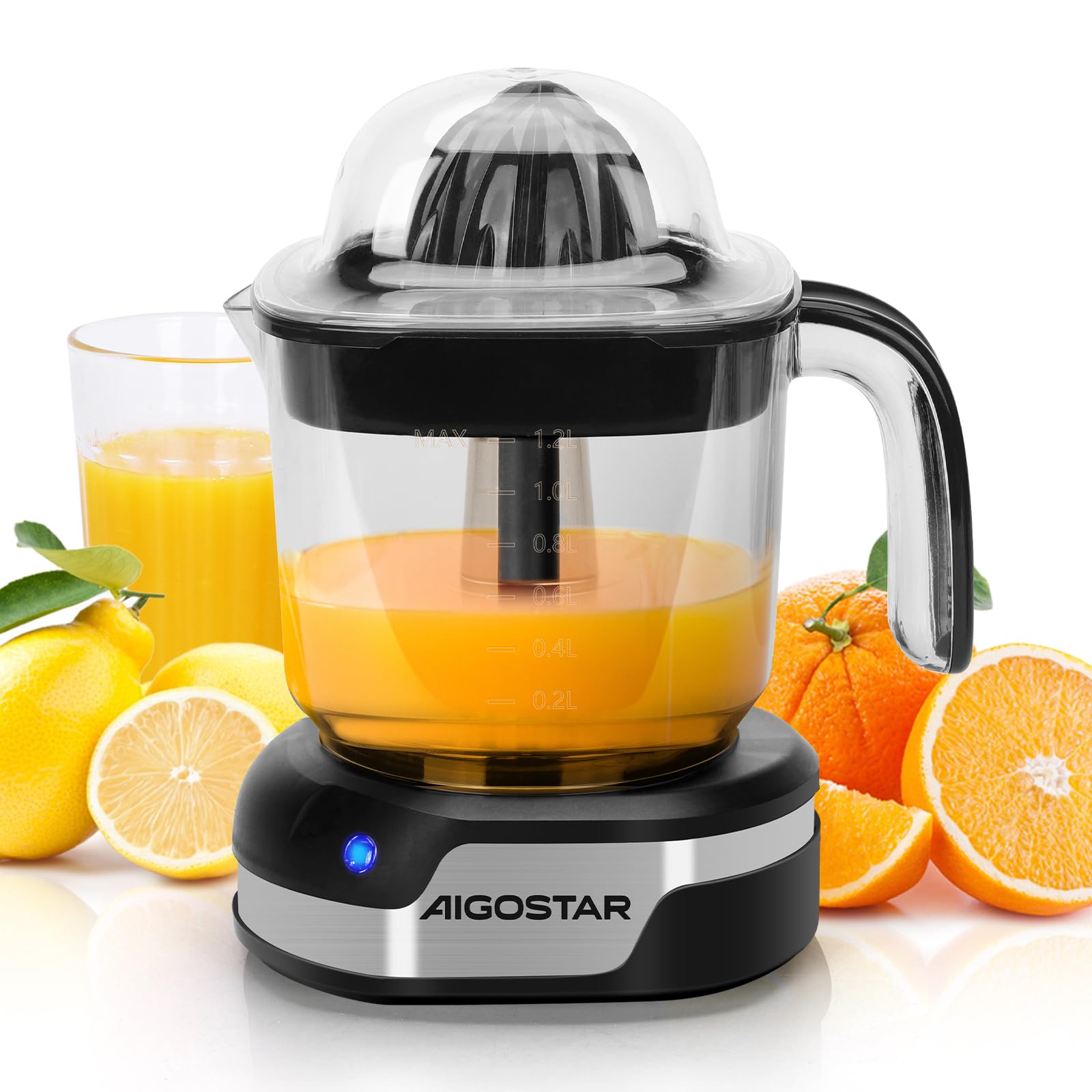 Aigostar 1.2L Electric Citrus Juicer – 2 Cones & LED Light, Black