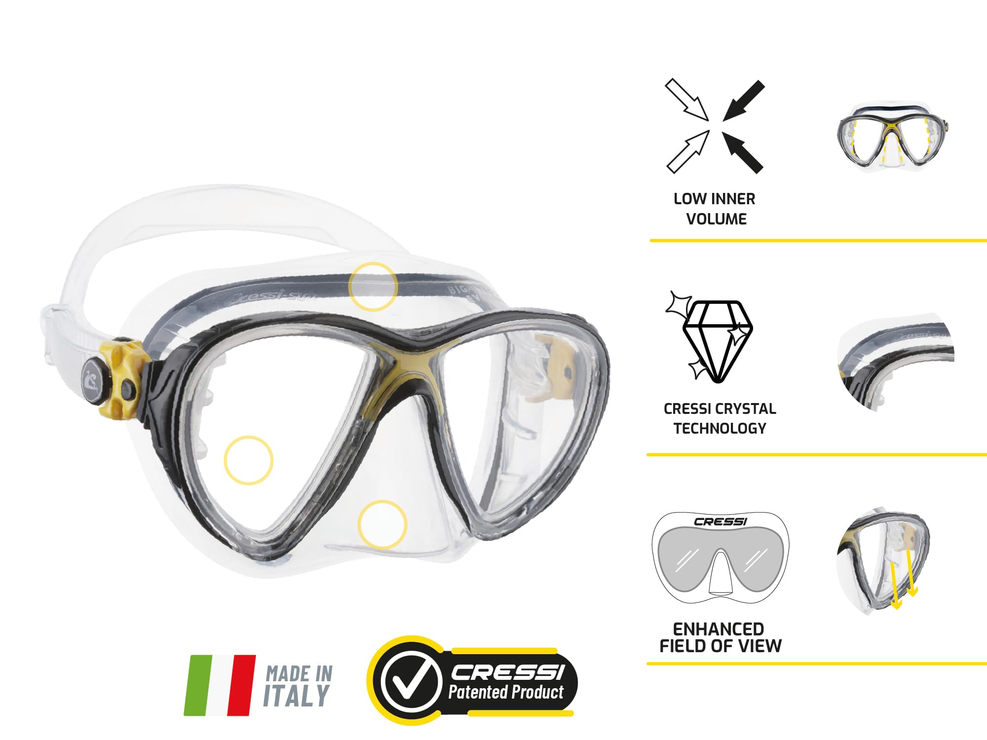 Cressi Big Eyes Evolution Diving Set | Dry Snorkel & Mask - Clear/Yellow