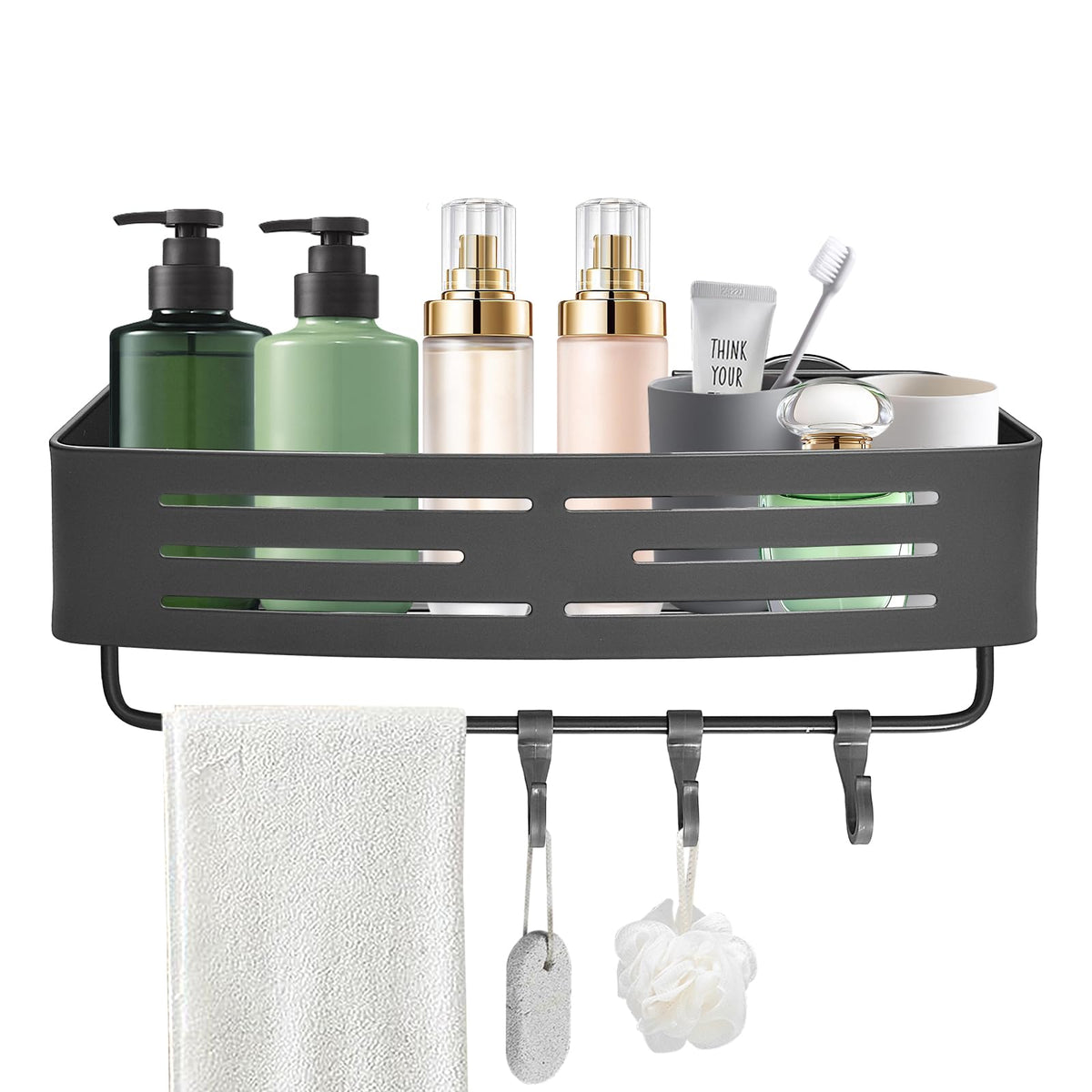 Rieoany Shower Organiser, Hanging Caddy, Wall Mounted Shelf No Drilling, Space Aluminium Bathroom Shelves with Hooks - image 1