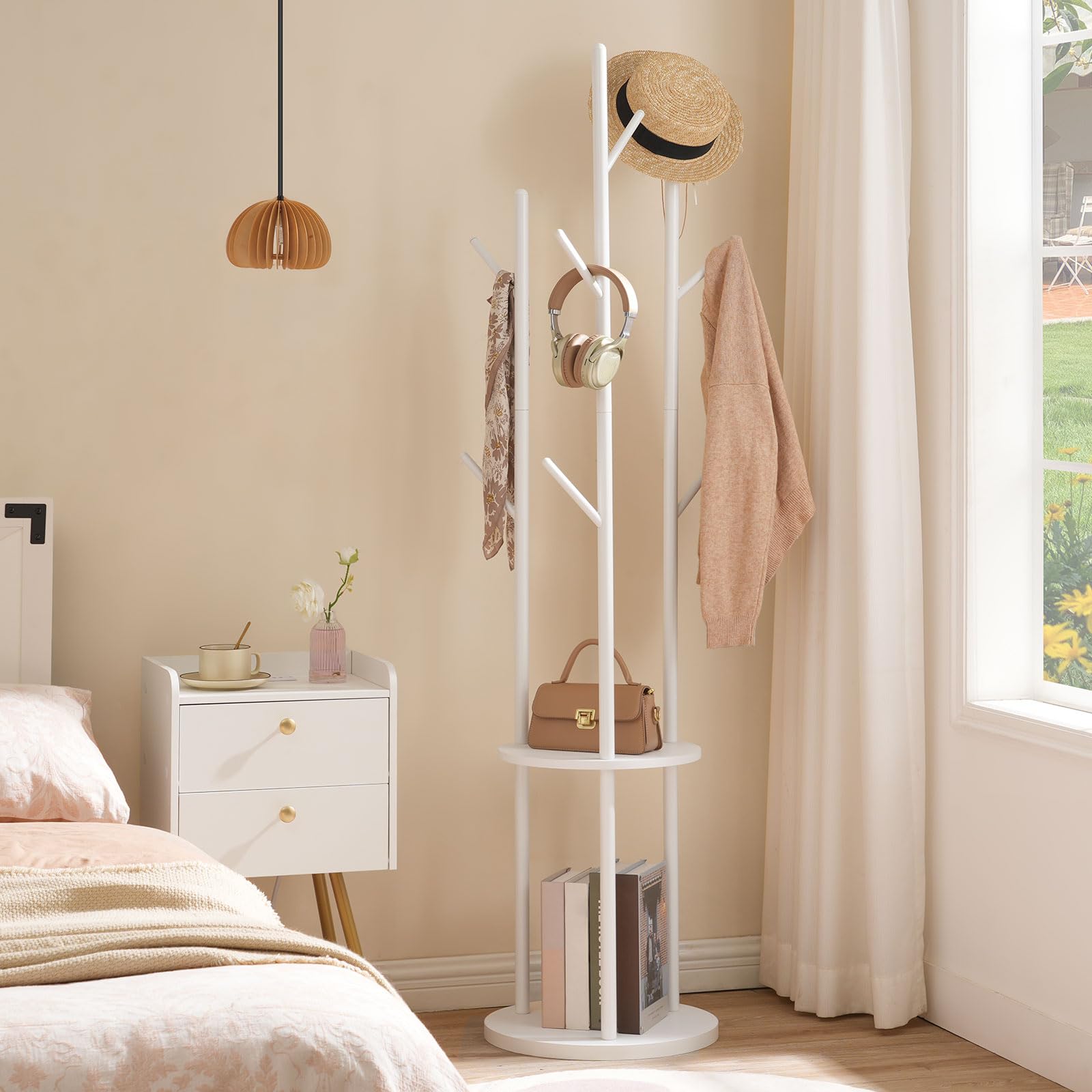 HOOBRO Freestanding Coat Rack Stand with 8 Hooks and 2 Shelves, White