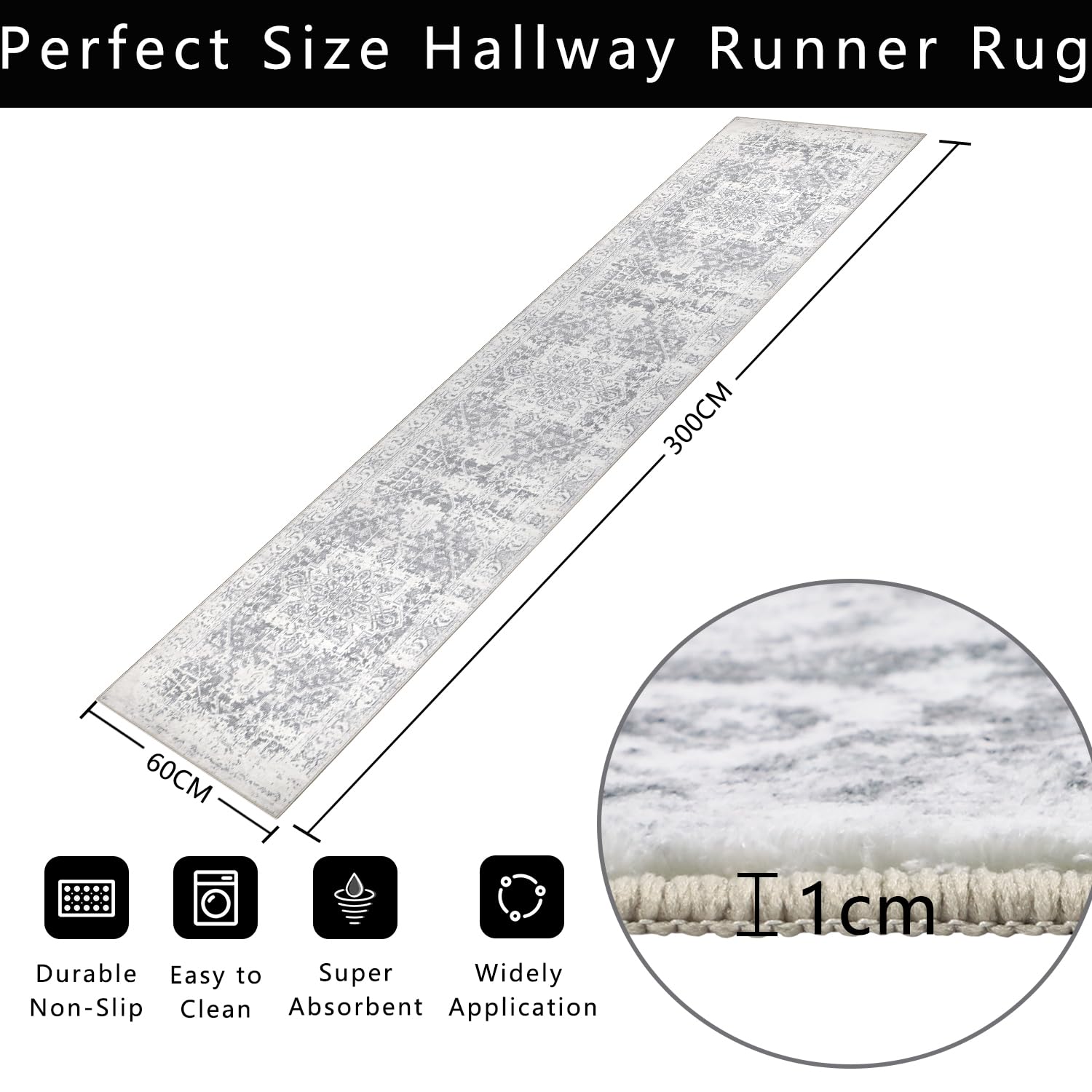 Famibay Non-Slip Hallway Runner Rug | Washable Faux Wool Carpet, 60x300cm