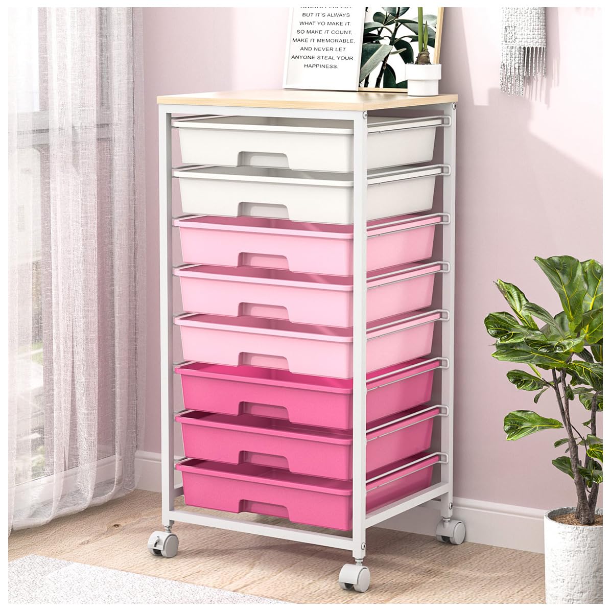 SYKIARIOL 8-Drawer Rolling Storage Trolley | Wooden Top Utility Cart