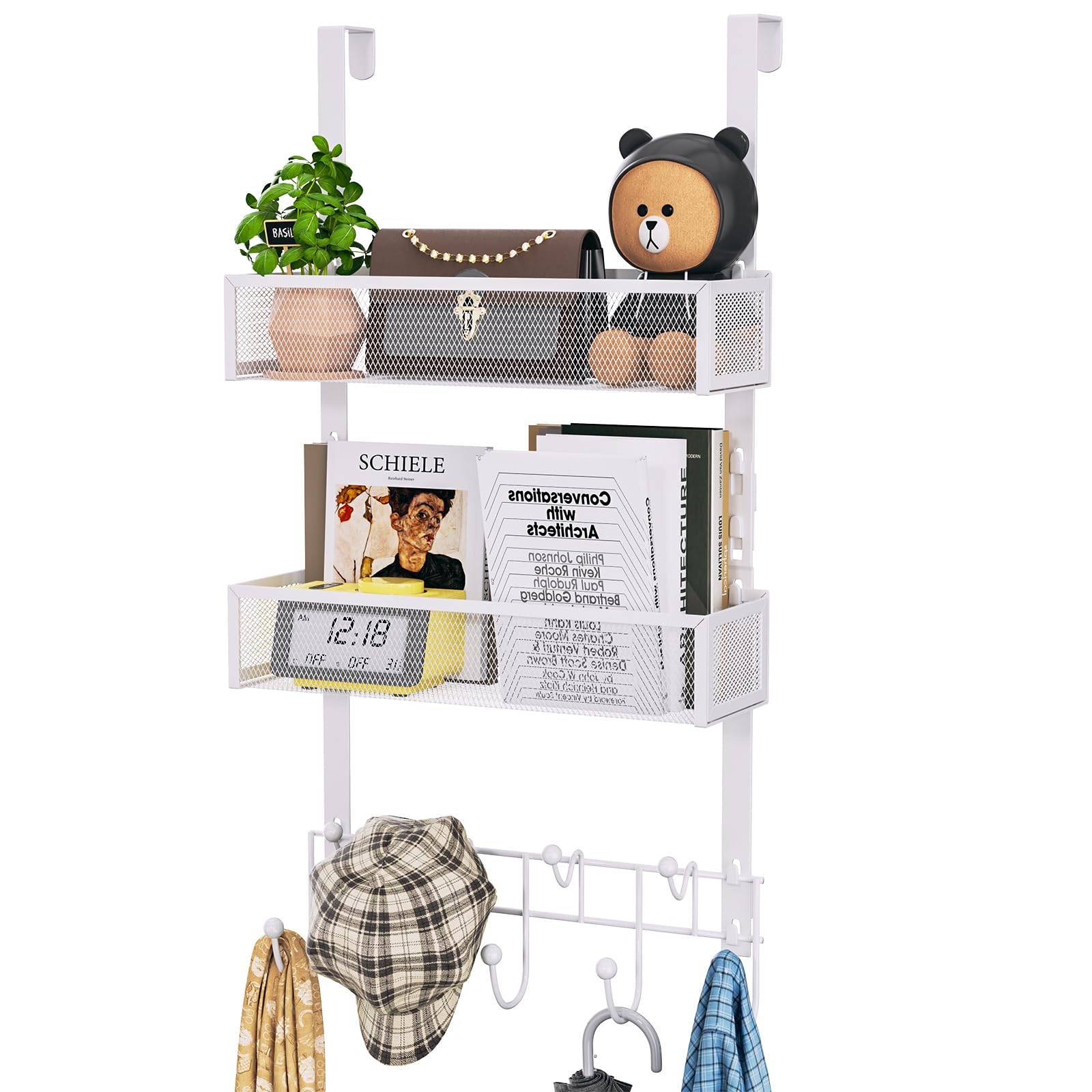 HapiRm Over The Door Organizer – 9 Hooks & 2 Baskets, White Steel