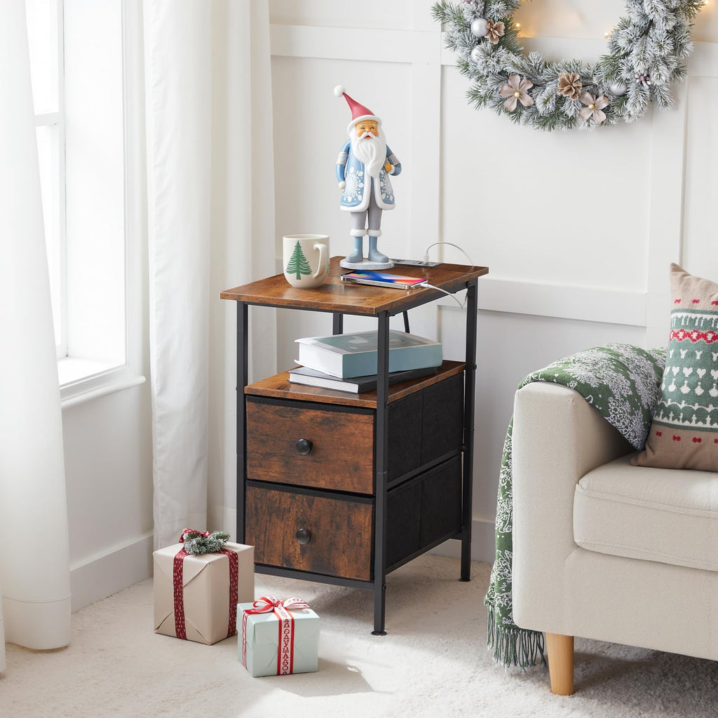 HOOBRO Narrow Bedside Table with Charging Station and 2 Drawers