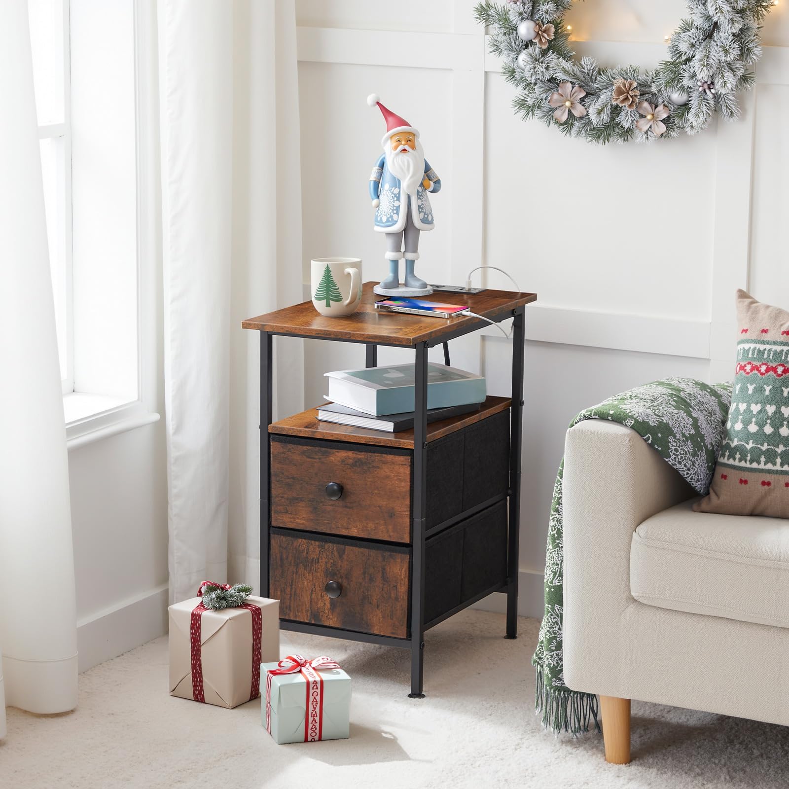 HOOBRO Narrow Bedside Table with Charging Station and 2 Drawers