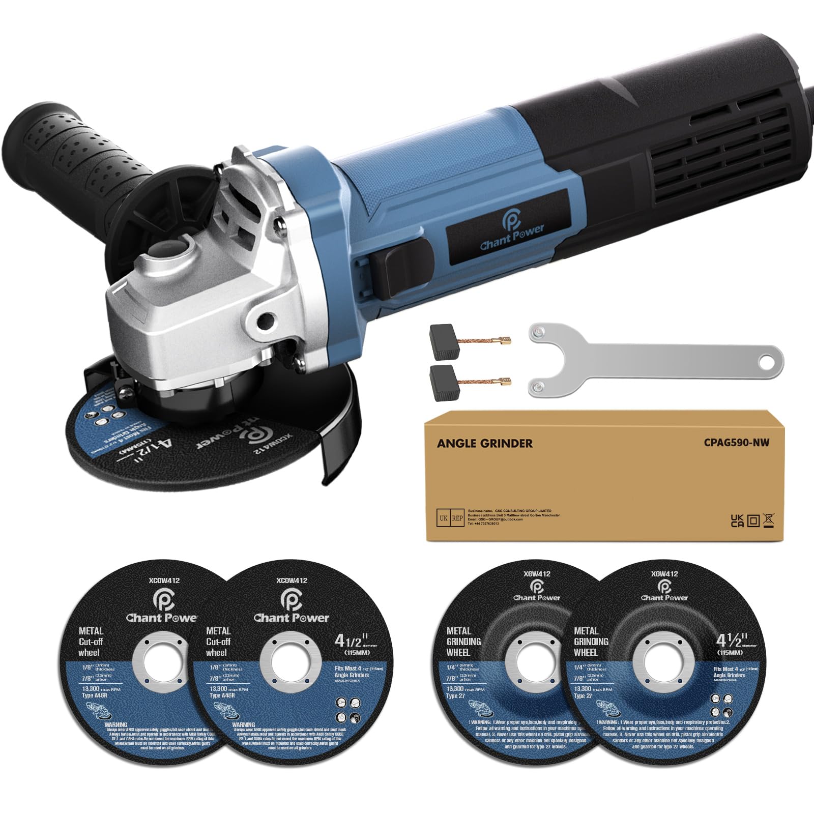 C P CHANTPOWER 750W Corded Angle Grinder - 115mm Cutting & Grinding Tool