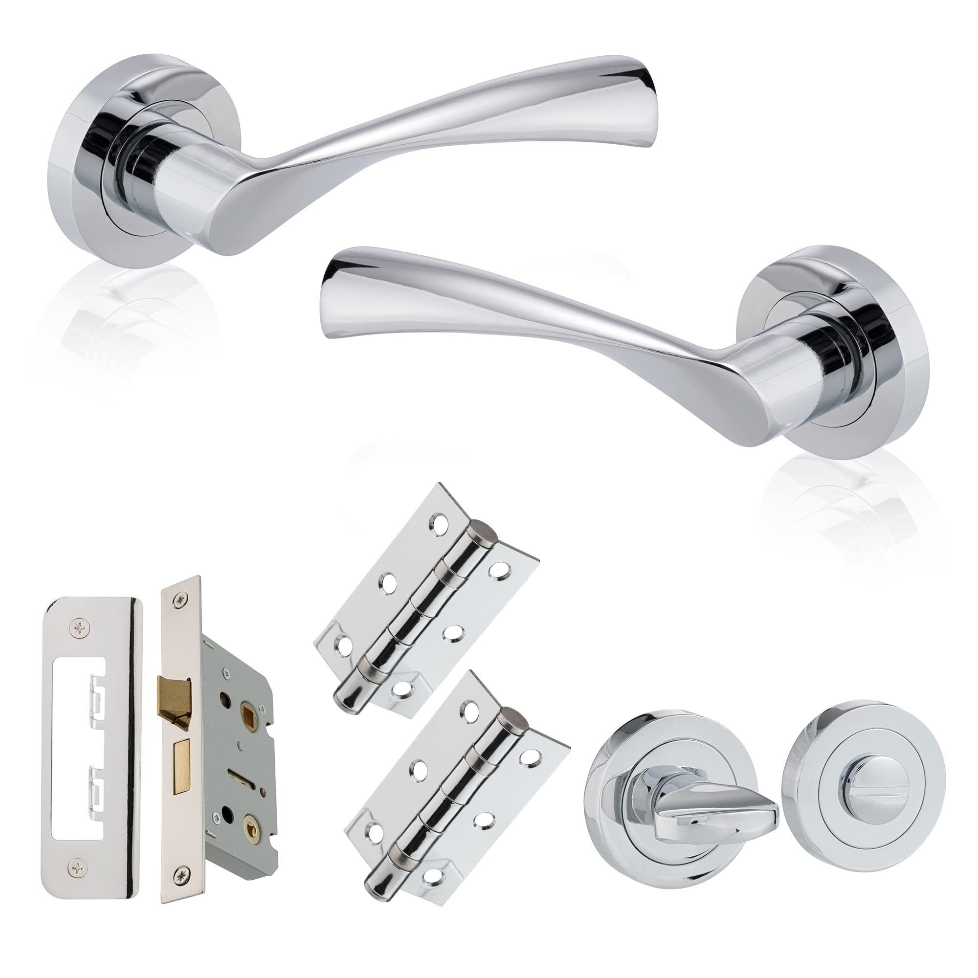 XFORT Polished Chrome Lever on Rose Bathroom Door Handle Pack with Lock