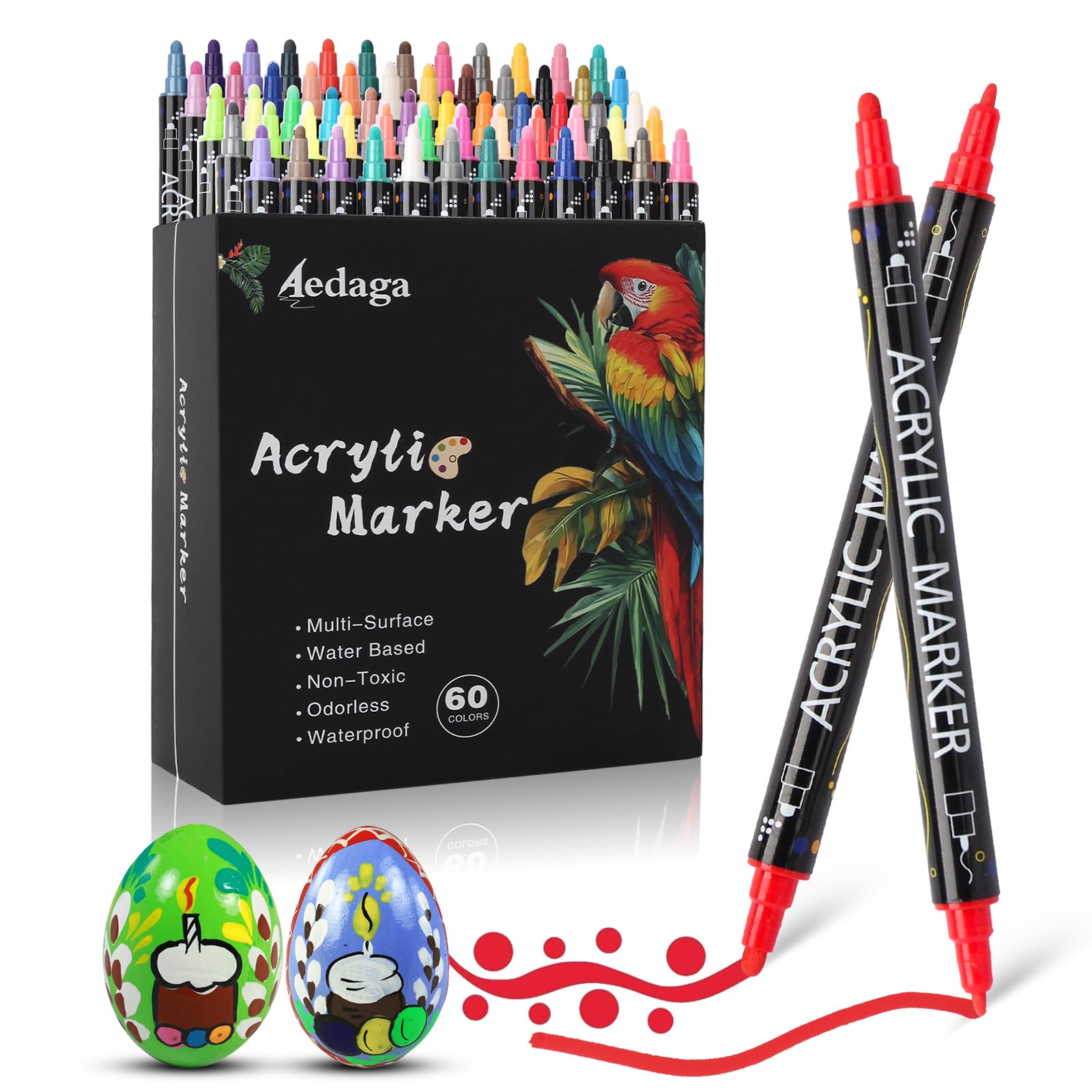 AEDAGA 60 Colours Dual Tip Acrylic Paint Markers for DIY Crafts