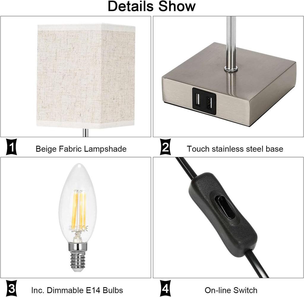 Lightess Touch Bedside Lamps - 3-Way Dimmable with Dual USB Ports, 2-Pack