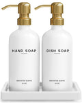 Brighter Barns Glass Hand and Dish Soap Dispenser Set with Tray - White/Gold