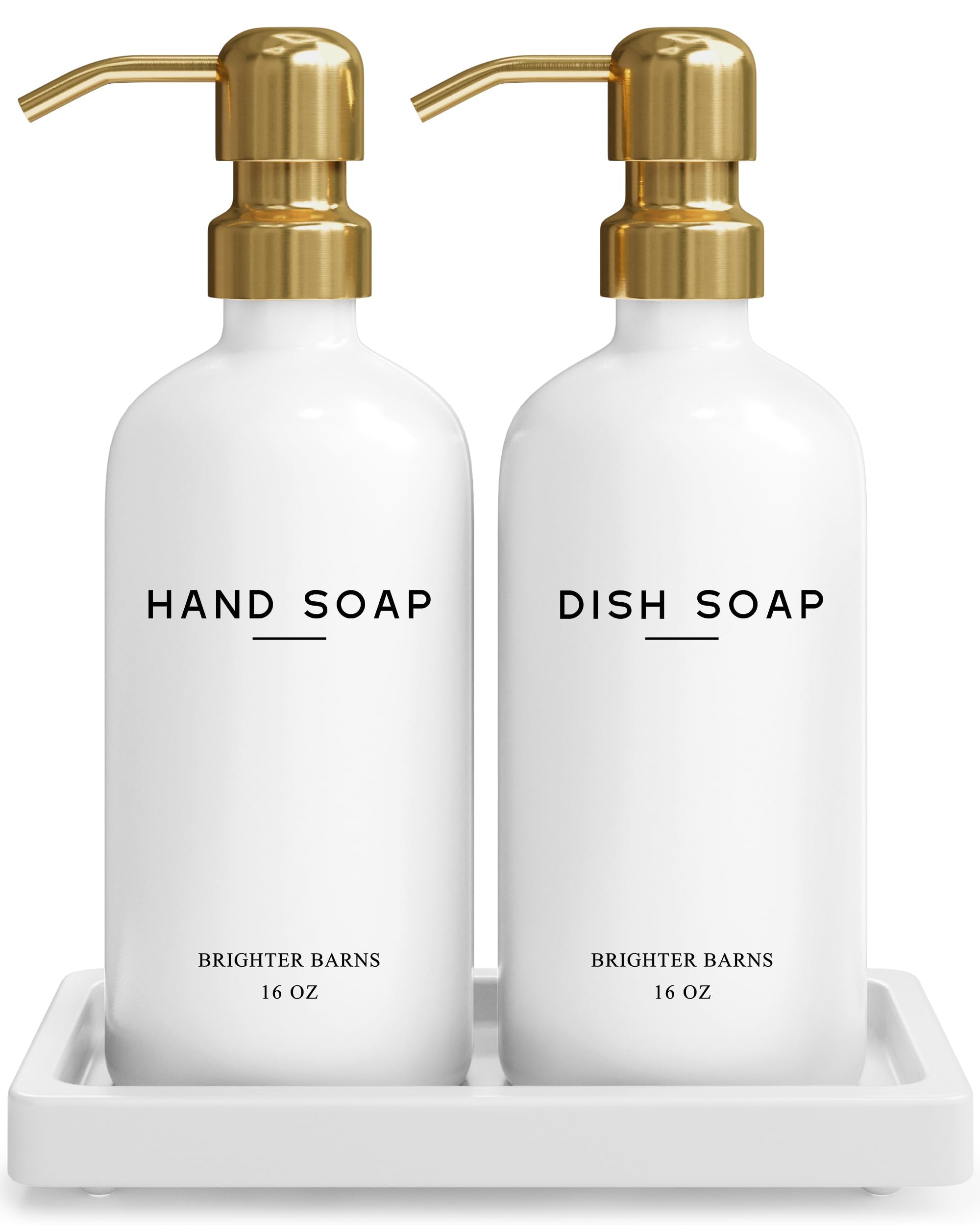 Brighter Barns Glass Hand and Dish Soap Dispenser Set with Tray - White/Gold