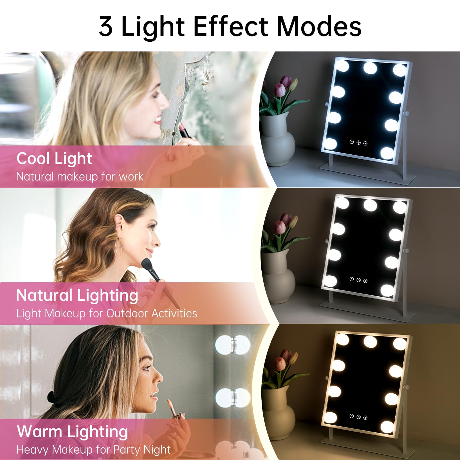 FUNTOUCH Hollywood Vanity Mirror with 9 LED Bulbs | 3 Color Modes, White