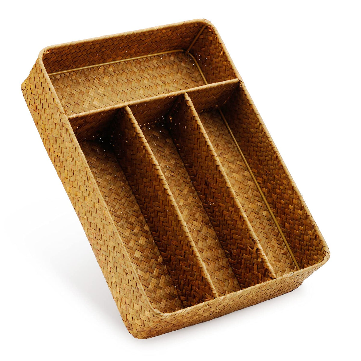 DECRAFTS Seagrass Storage Basket with Compartments Utensil Tray for Organization Silverware Flatware Rectangular Shelf Baskets with 4 Sections Natural - image 2