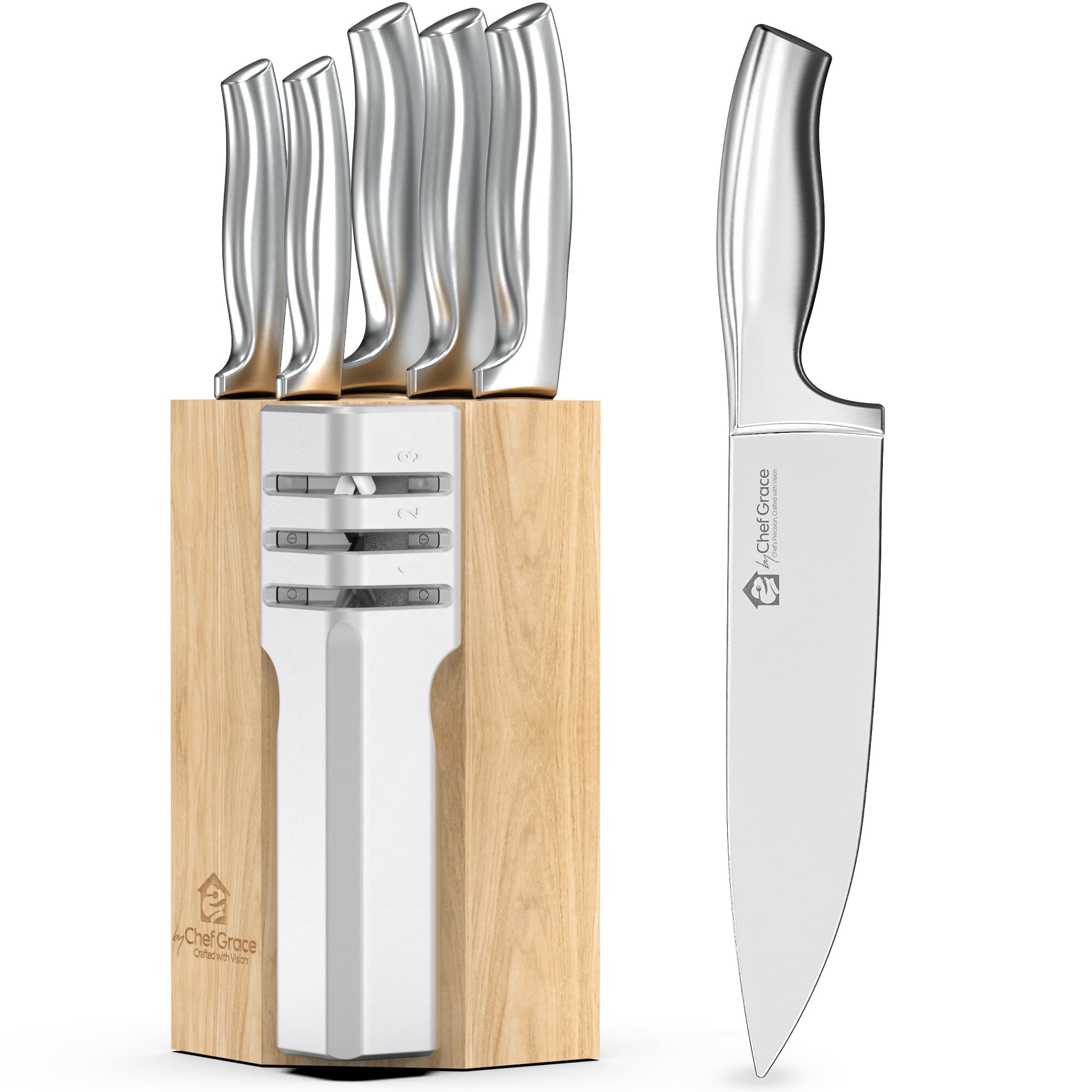 5-Piece Kitchen Knife Set with 3-Stage Sharpener & Block