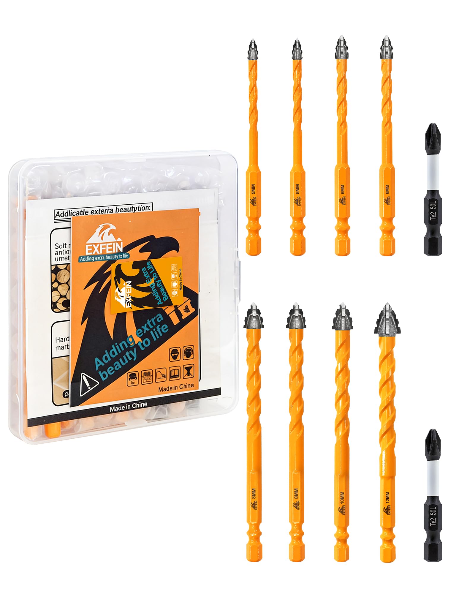 EXFEIN 10-Piece Carbide Masonry Drill Bits Set for Tile & Concrete