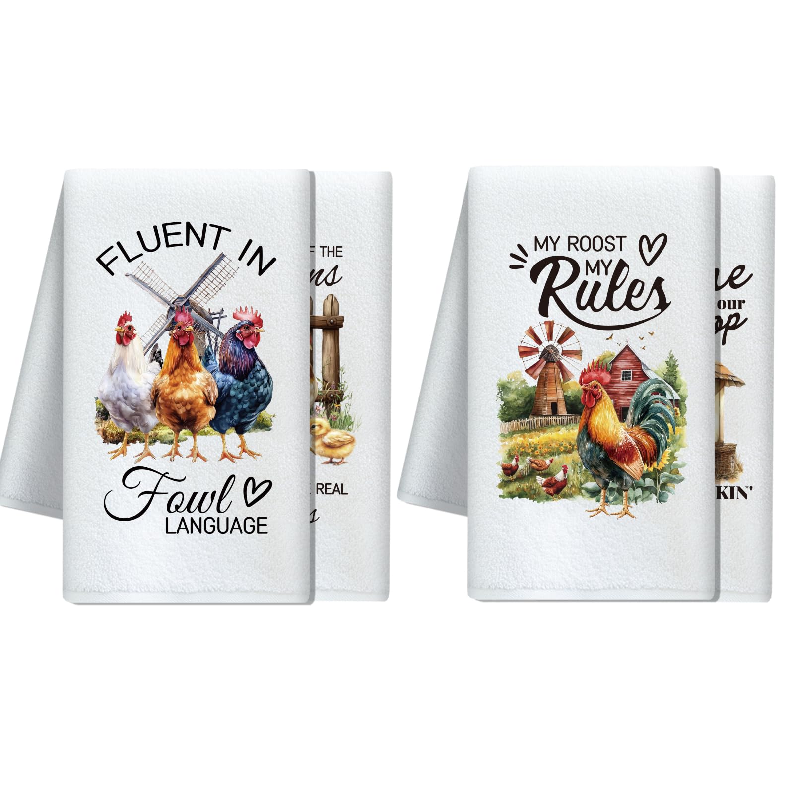 CUTHOLLOW Farm Rooster Microfiber Kitchen Towels – Set of 4 Dish Cloths