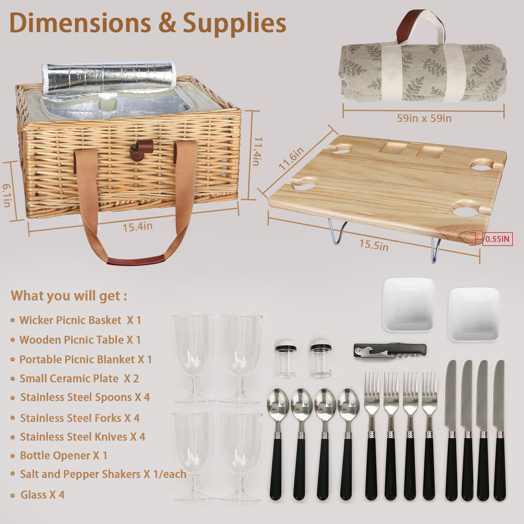 Hap Tim Wicker Picnic Basket for 4 with Folding Wine Table & Cooler Bag