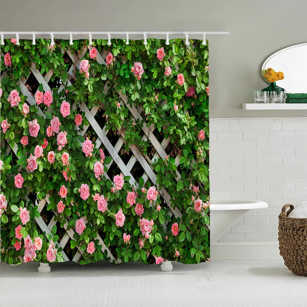 JIANGLANY Floral Garden Shower Curtain – 3D Pink Rose Waterproof Polyester
