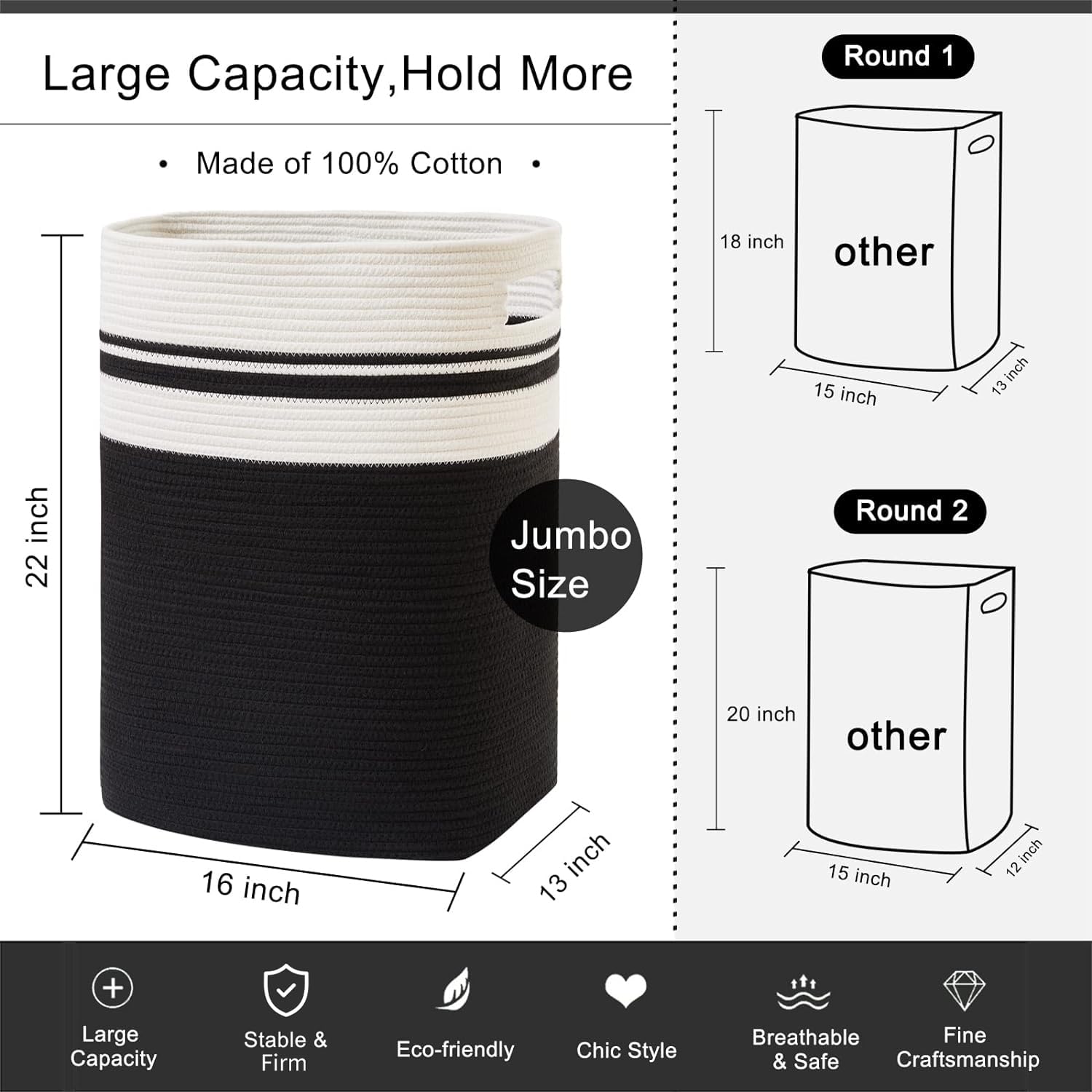 OIAHOMY Tall Cotton Laundry Hamper | Large Woven Storage Basket - Black