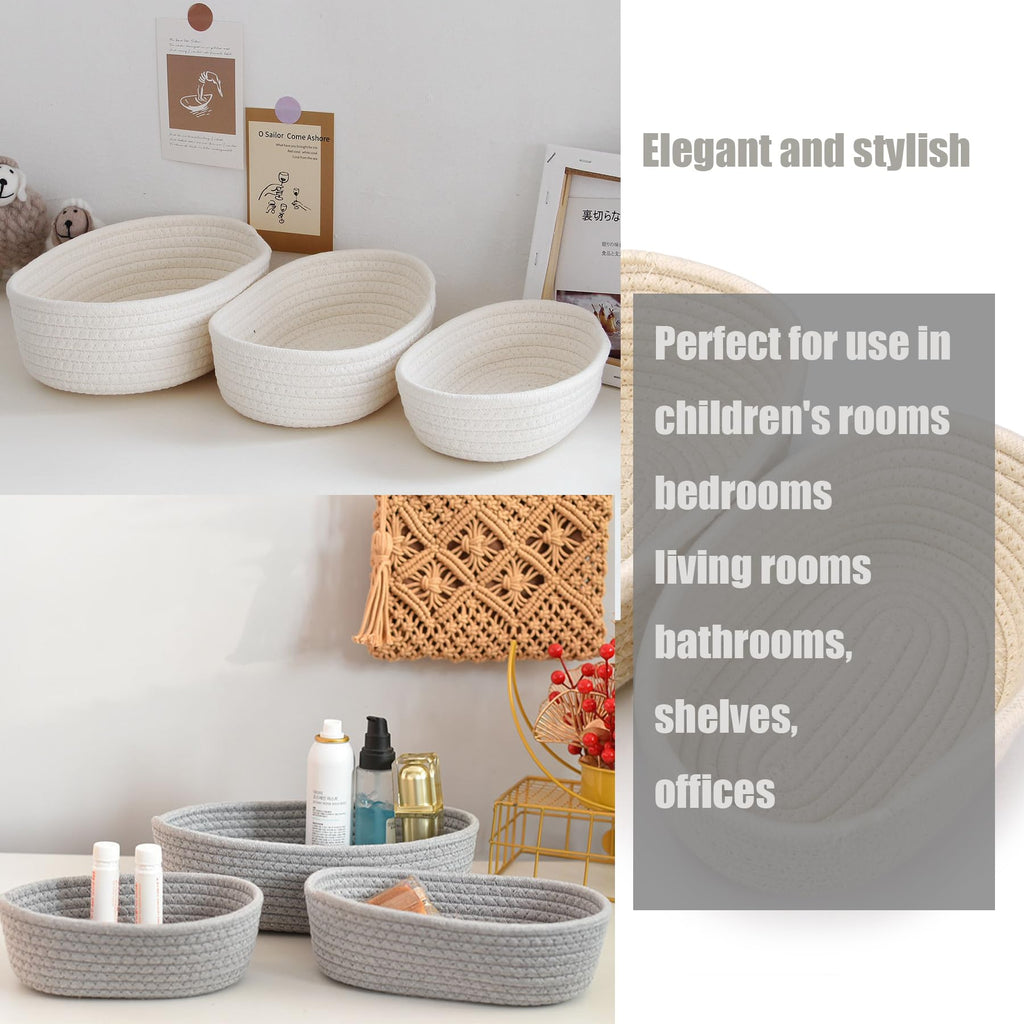 Spesh Cotton Rope Storage Baskets, Set of 3 Woven Shelf Baskets Oval Cotton Storage Boxes Empty Hampers Organiser BinsWhite - image 5