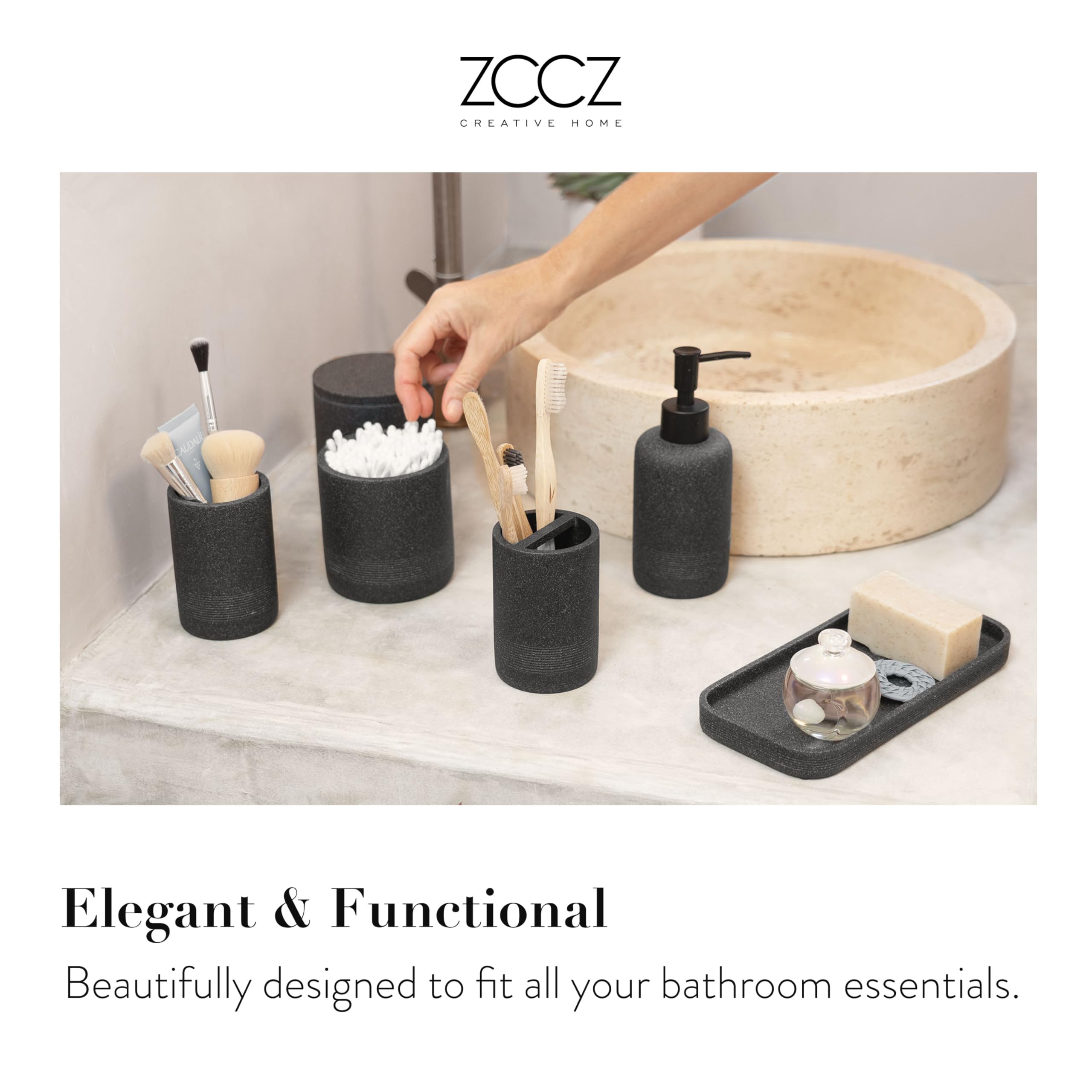 zccz 6-Piece Black Bathroom Accessory Set – Modern Stone Textured Resin
