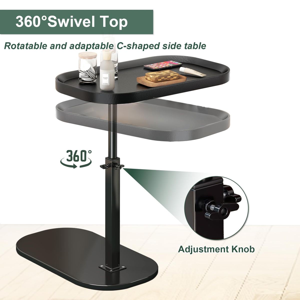 liameya C Shaped Side Table Adjustable Height, 360°Swivel Sofa Table that Slide Under, Modern Small Coffee Table for Couch/Bed/Bathtub - image 4