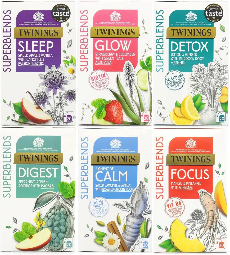 Twinings Superblends Herbal Tea Bundle - 6 Pack Assorted (120 Bags)