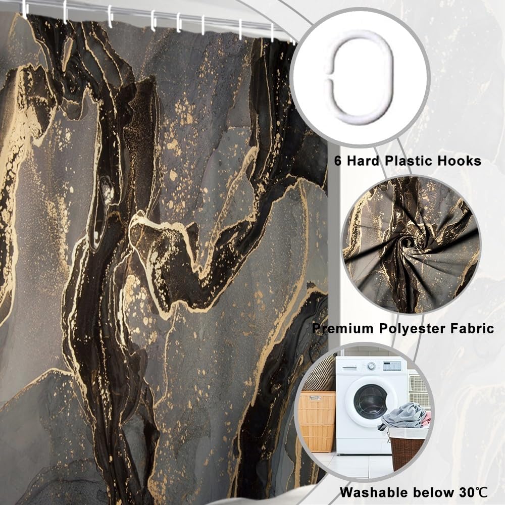 Uiiooazy Black Gold Shower Curtain, Stall Shower Curtain Abstract Marble Bath Curtain Mildew and Mould Resistant Waterproof Polyester Fabric Washable - image 5