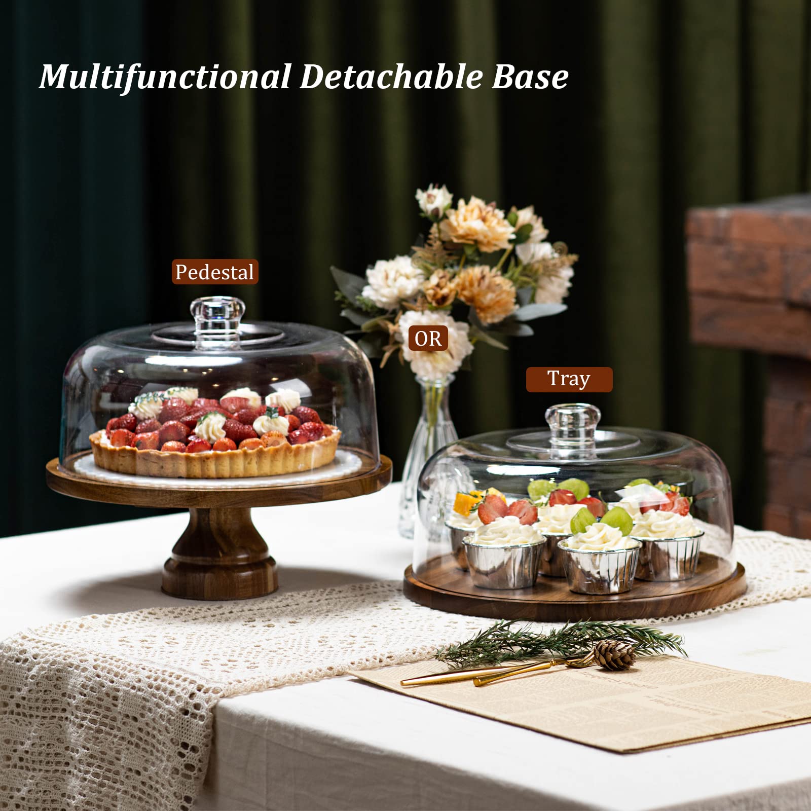 ANBOXIT Acacia Wood Cake Stand with Acrylic Dome Lid – Footed Display