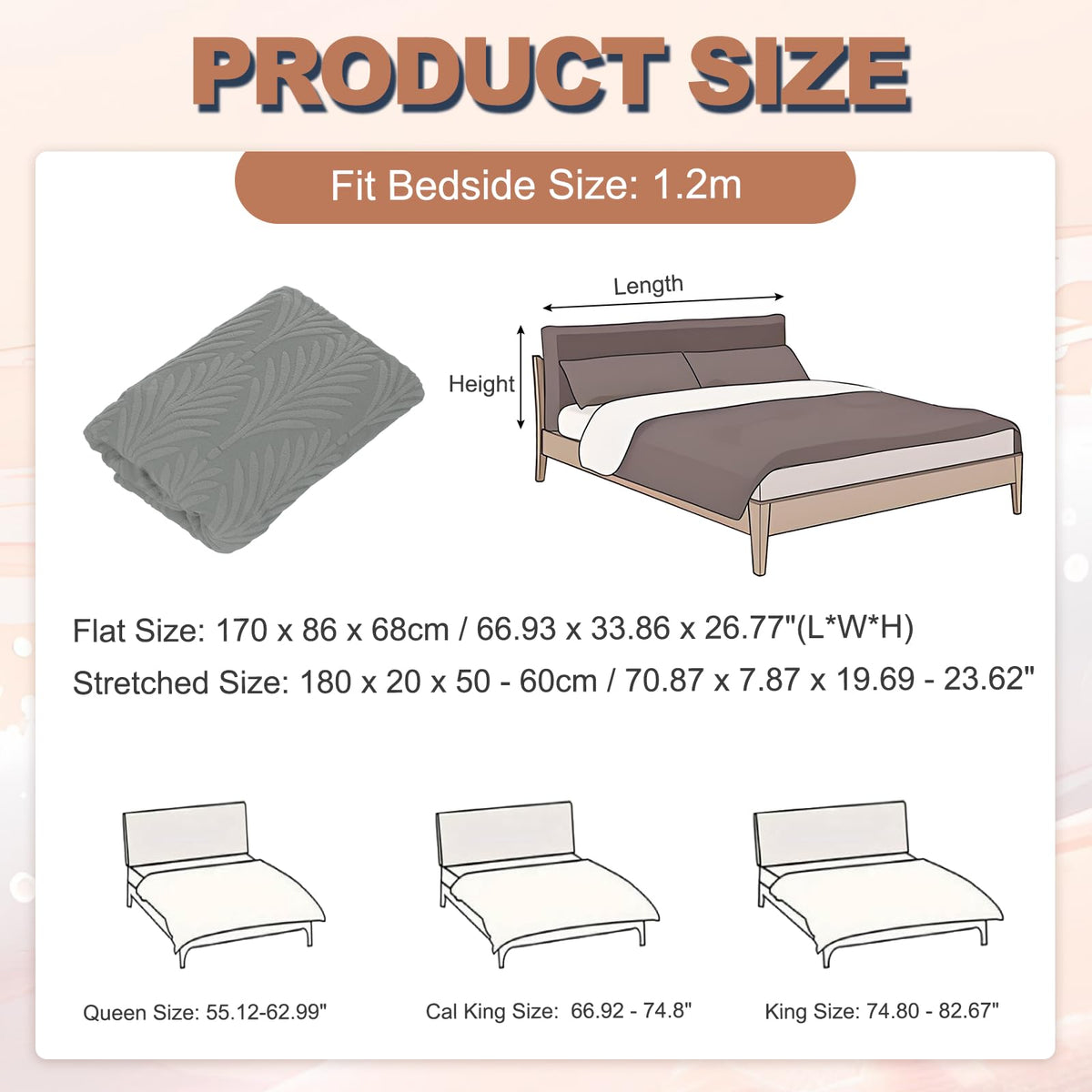 sourcing map Bed Headboard Slipcover, 180cm Jacquard Fabric Stretch Protector Covers, Dustproof Cover for 1.8m Headboard Bedroom Decor, Dark Gray