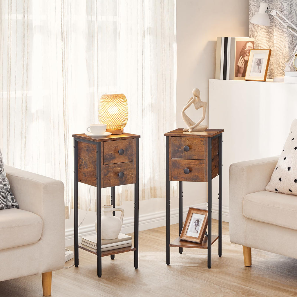 HOOBRO Narrow Bedside Table Set of 2 | 2-Drawer Slim Nightstand, Rustic Brown