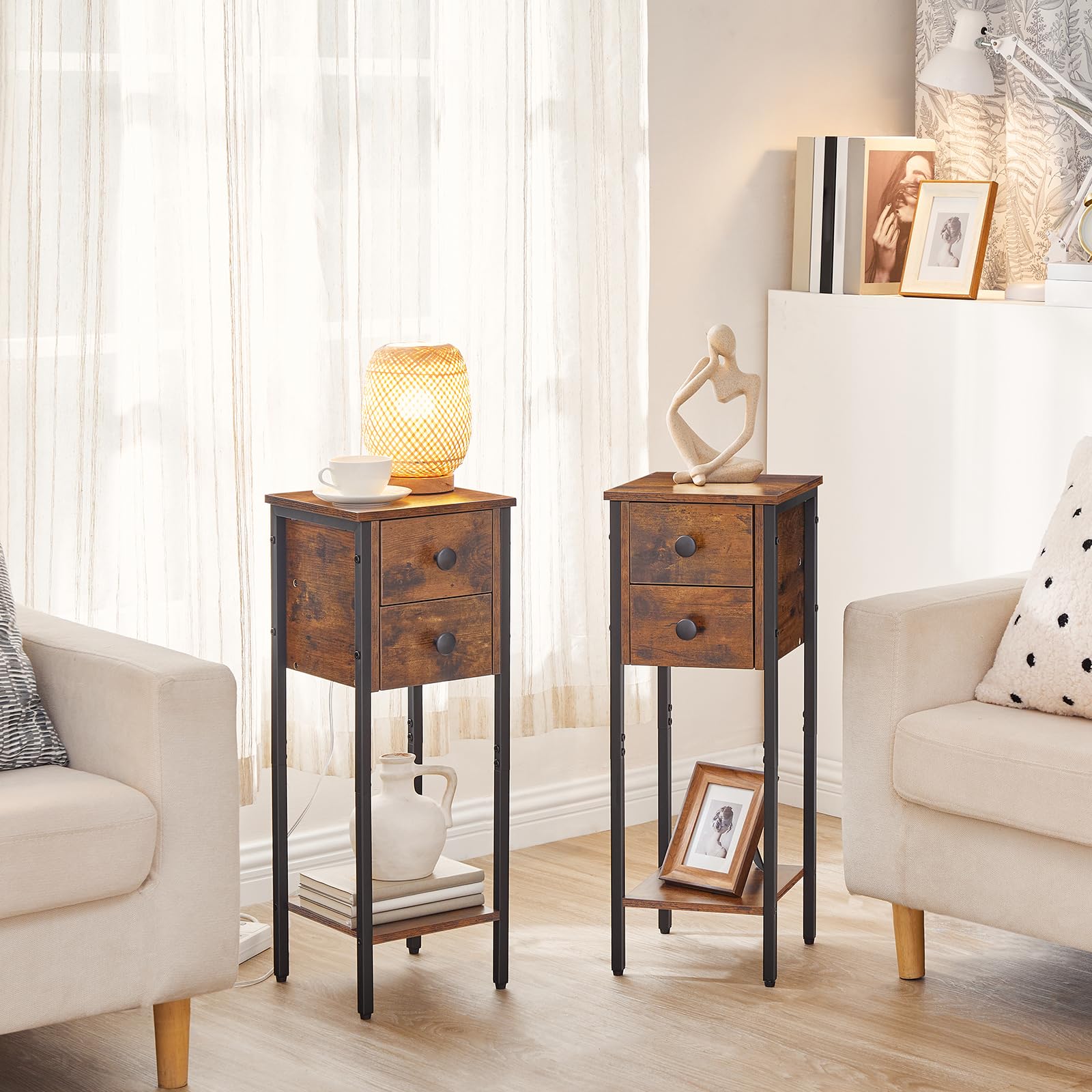 HOOBRO Narrow Bedside Table Set of 2 | 2-Drawer Slim Nightstand, Rustic Brown