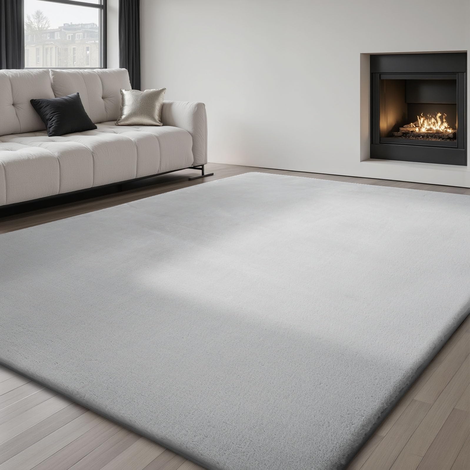 Grey Faux Rabbit Fur Area Rug – Non-Slip Washable Carpet