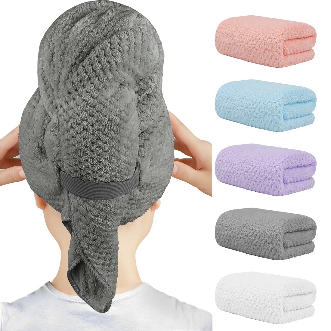 HOMEXCEL 5 Pack Microfibre Hair Towels – Fast Drying Anti Frizz Wraps