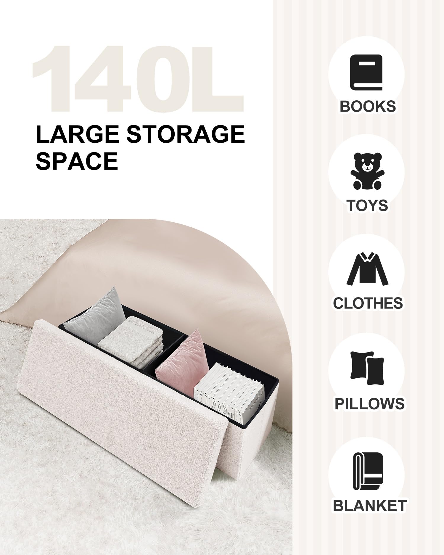 Bonlife White Boucle Folding Storage Ottoman Bench - 110cm Sherpa Footstool