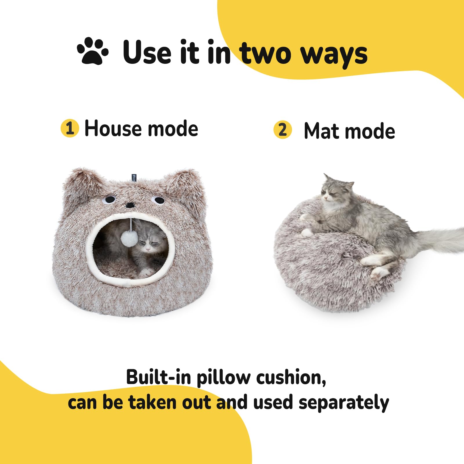 CATISM Cat Cave Bed – Washable Plush Monster Pet House for Cats, Coffee