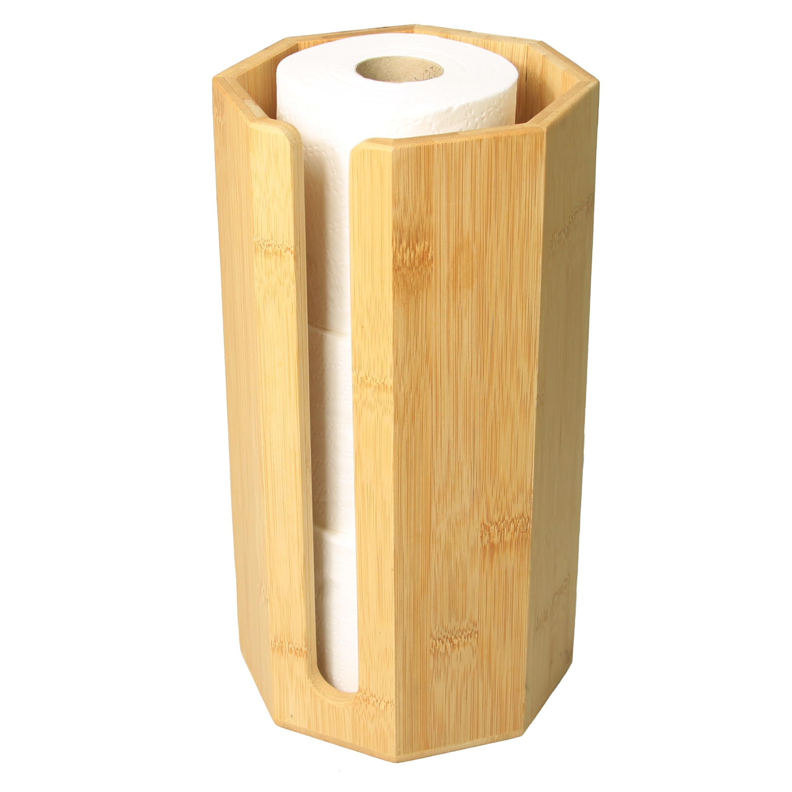 Woodquail Bamboo Freestanding Toilet Roll Holder | Octagonal 3-Roll Stand