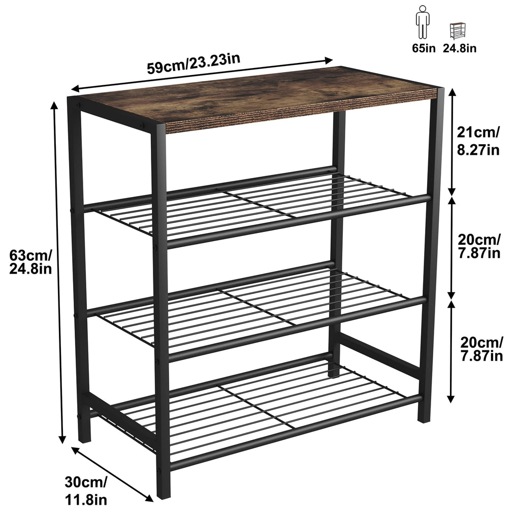HOME BI 4-Tier Industrial Shoe Rack – Metal Storage Shelf with MDF Top