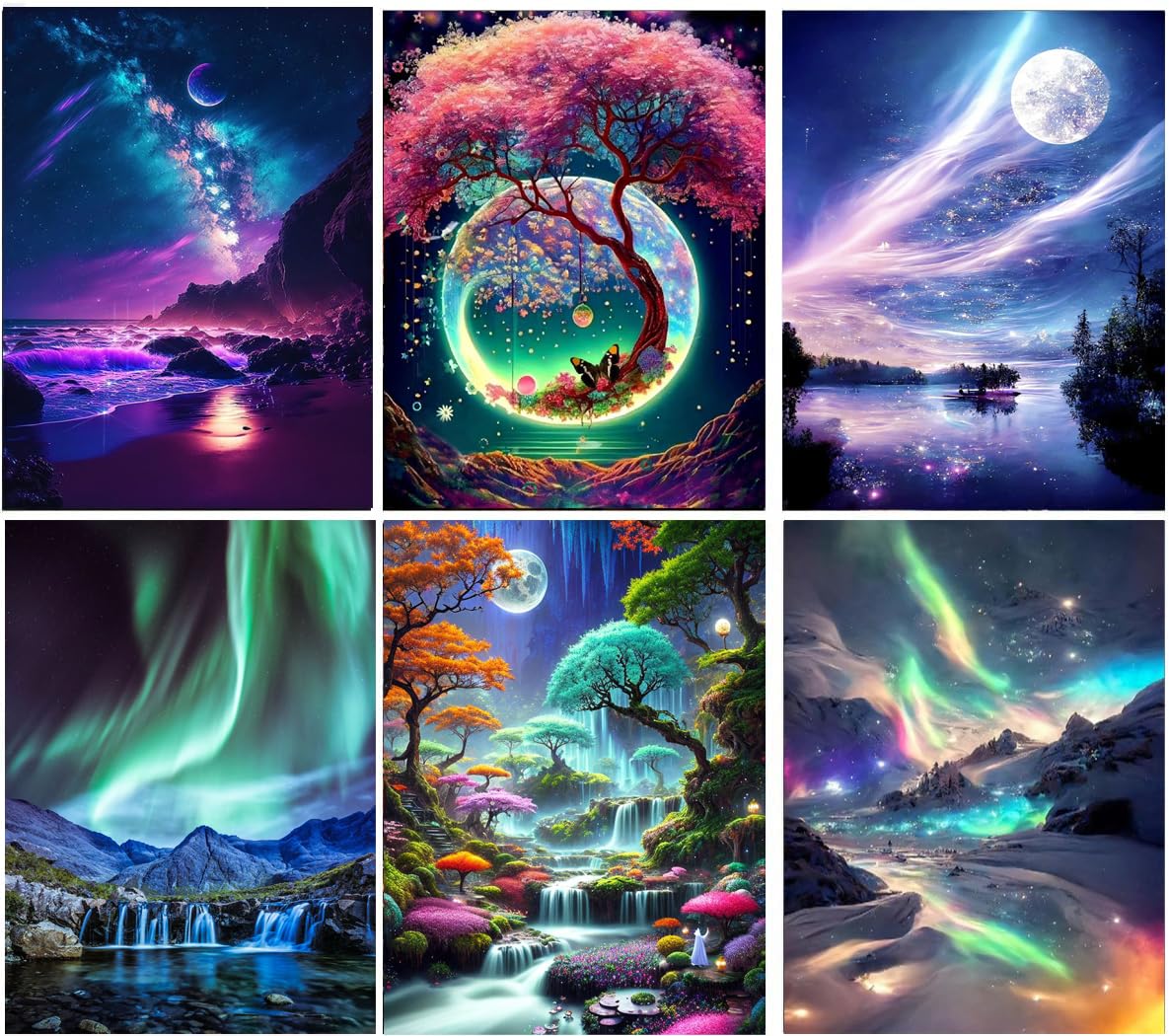 Jolof Store Paint by Number for Adults – 6 Pack Aurora Landscape DIY Kit