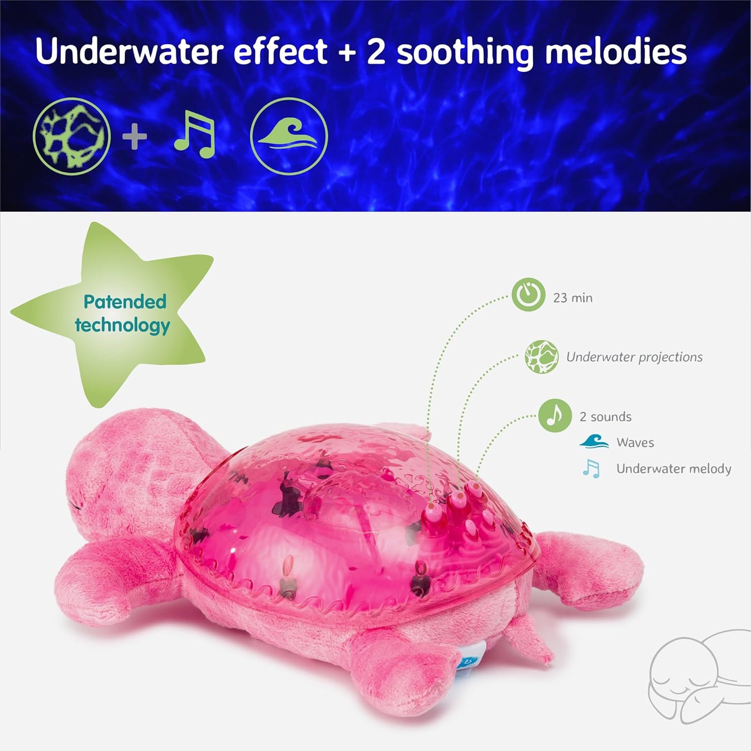 Cloud B Tranquil Turtle Rechargeable Projector Nightlight with White Noise Soothing Sounds - Pink