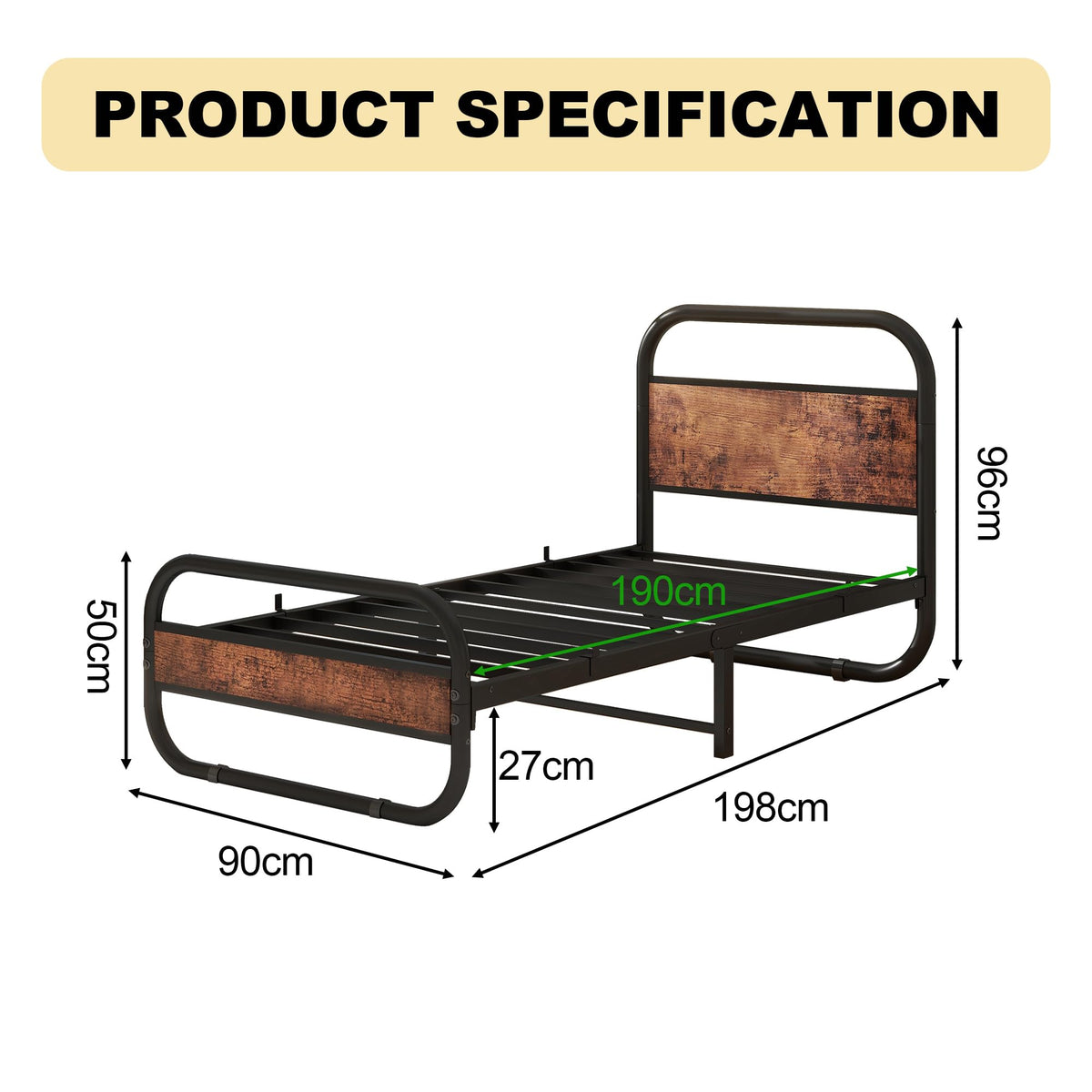 Diahomy 3ft Single Bed Frame, 90x190cm Metal Platform Bed, Bed Base,Brown - image 2
