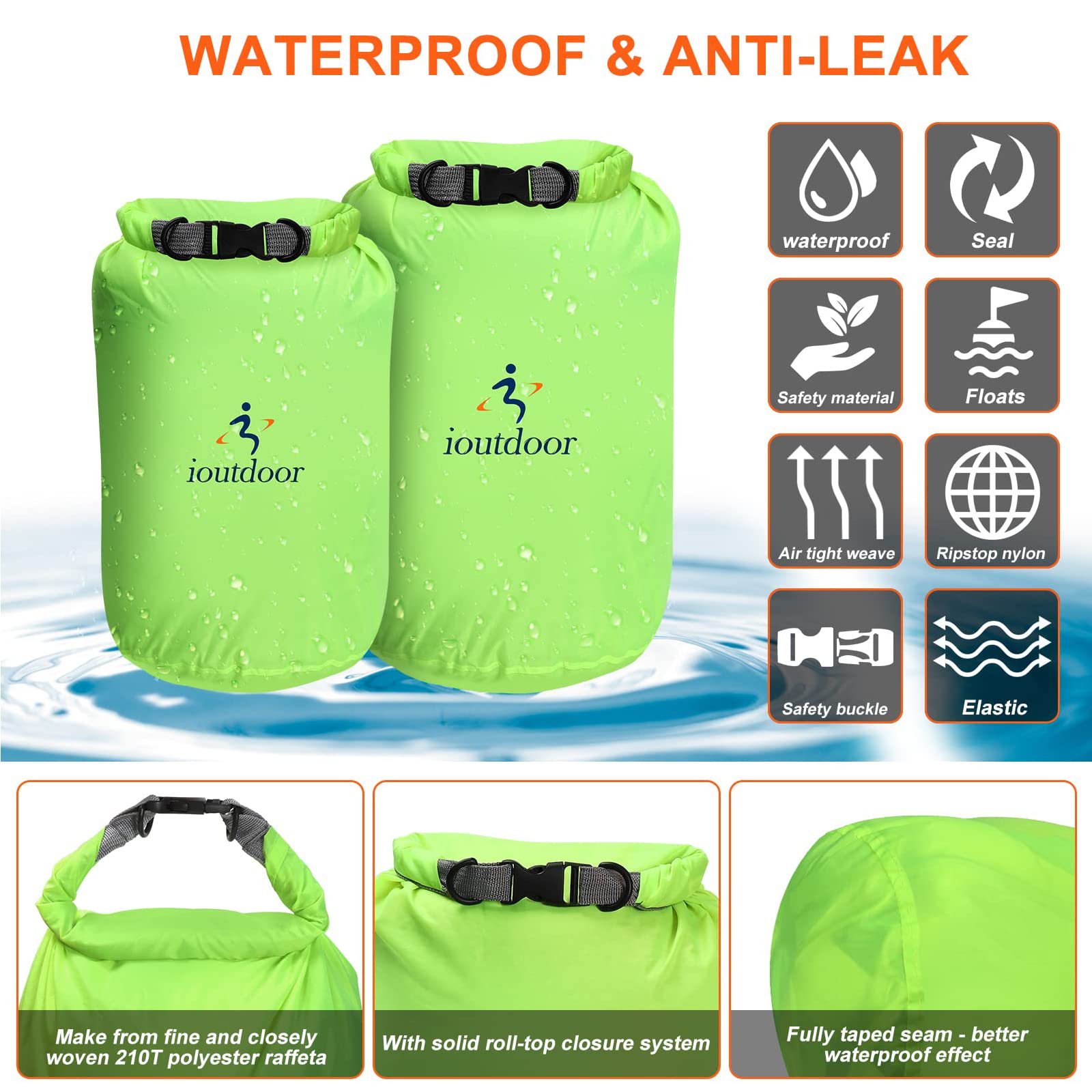 ioutdoor Waterproof Dry Bag Set | 6-Piece Lightweight Sacks 2L-70L