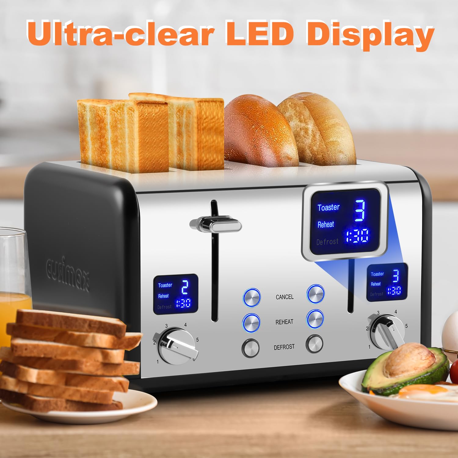 Cusimax 4-Slice Stainless Steel Toaster with LED Display & Wide Slots