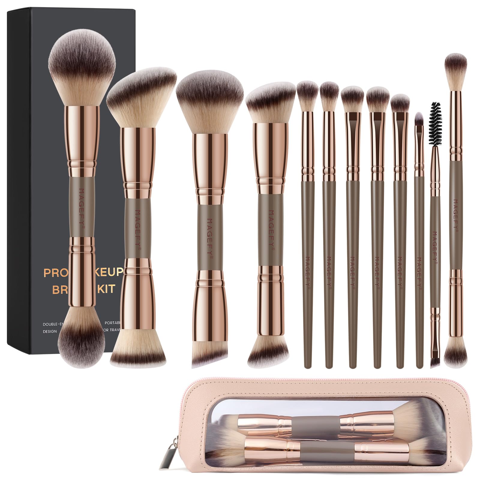MAGEFY 12Pcs Double Sided Makeup Brush Set | Vegan Brushes with Bag