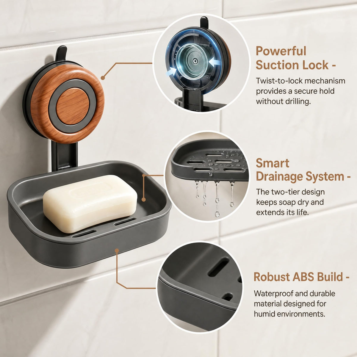 2PCS Double Layer Soap Dish for Shower Wall Mounted Suction Cup Soap Holder - image 3