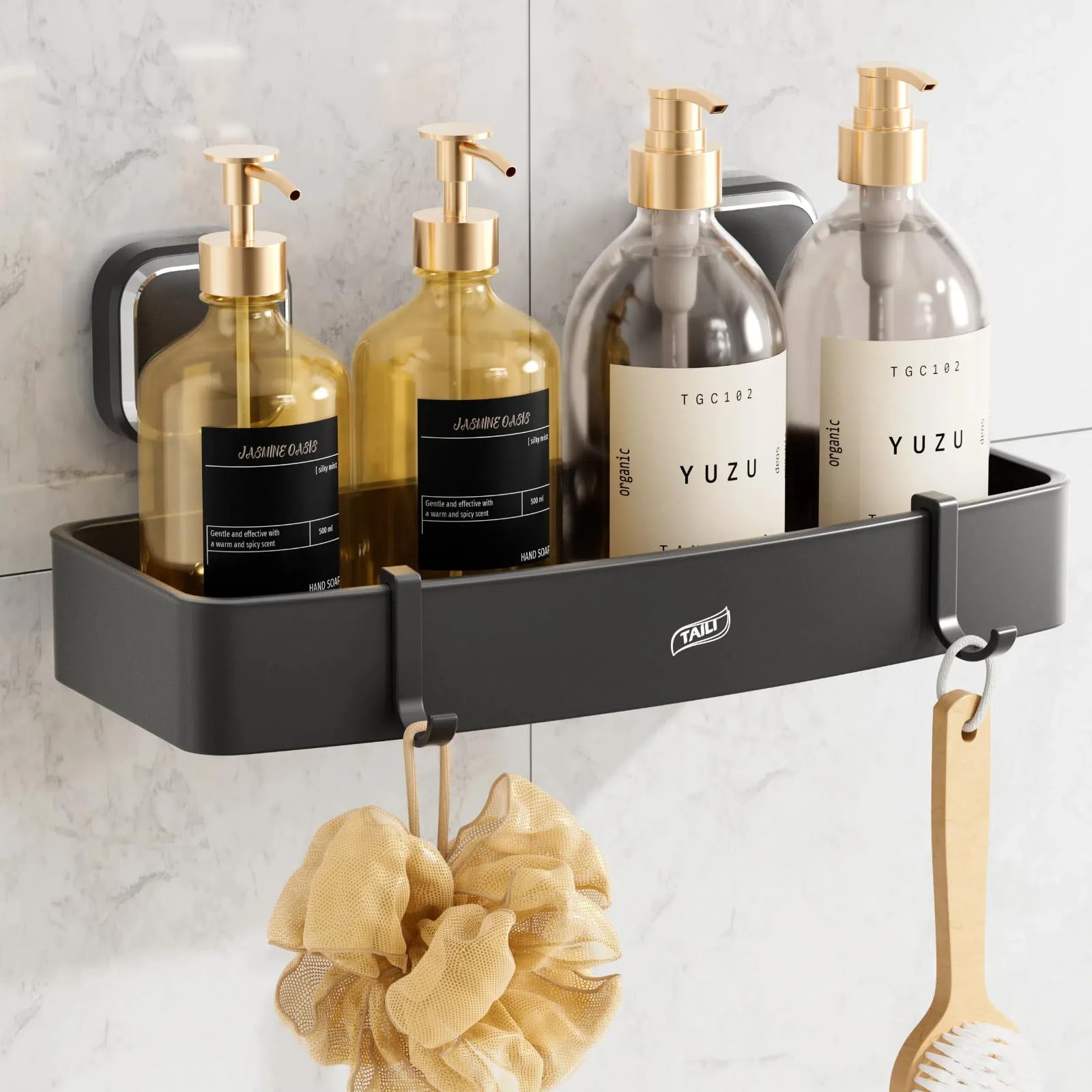 TAILI Aluminum Shower Caddy – Drill-Free Suction Bathroom Shelf, Dark Gray