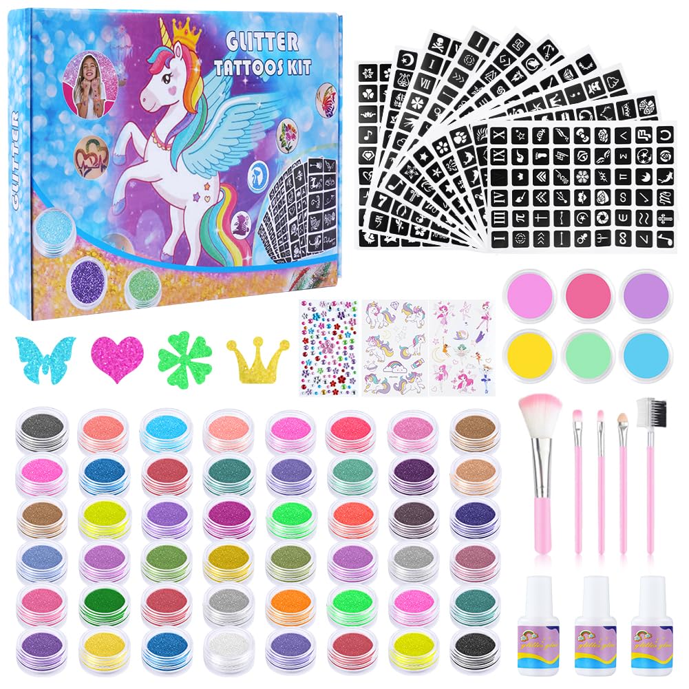 AYBUY Glitter Tattoos for Kids – 54 Colors Temporary Kit with 540 Stencils